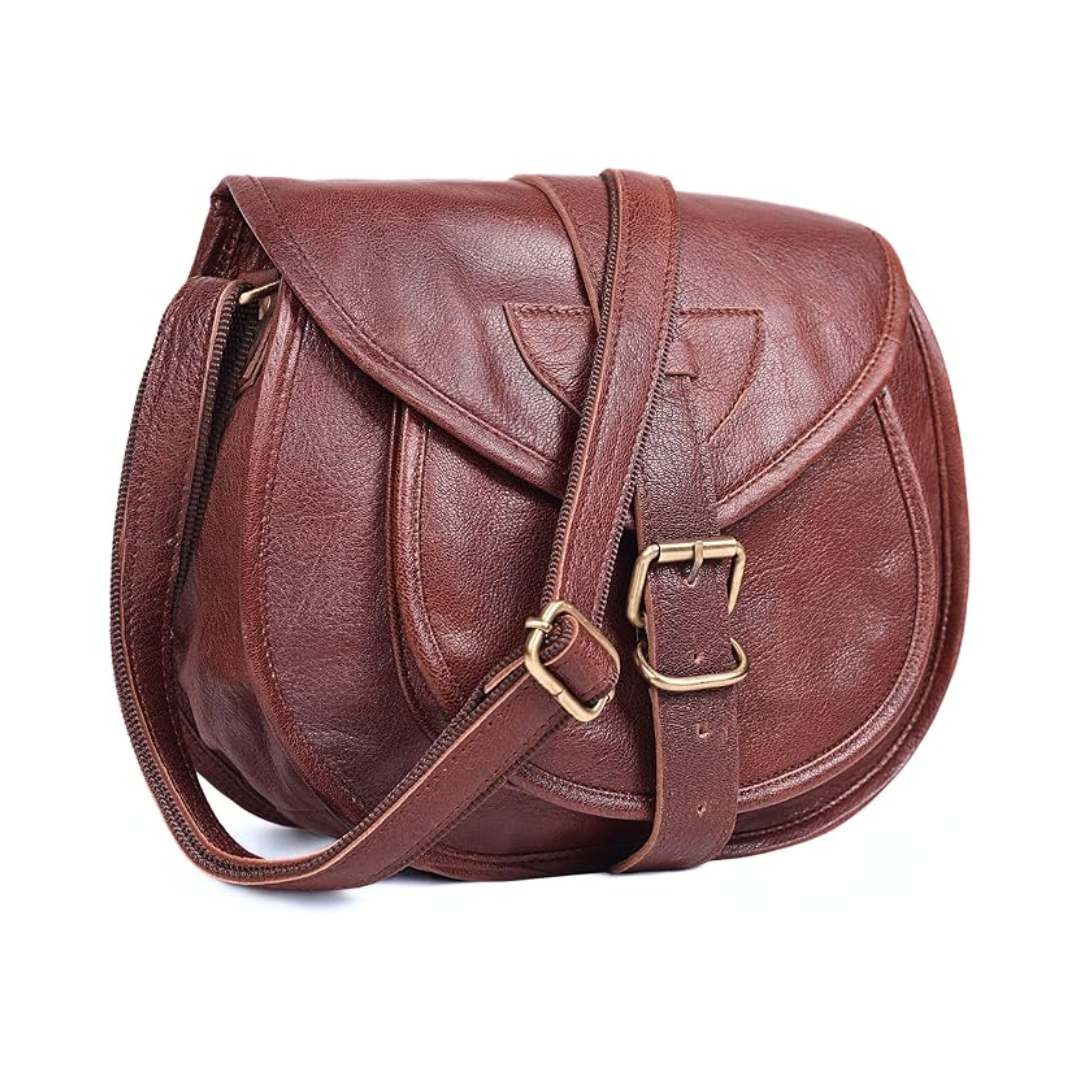Coffee Brown Leather Bucket Crossbody Bag