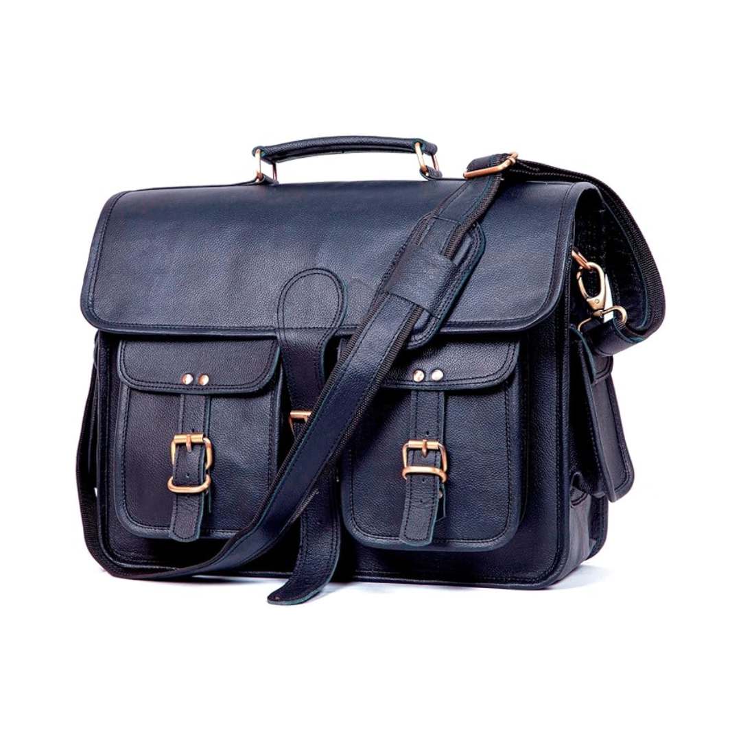 Full Grain Leather Messenger Bag — Black
