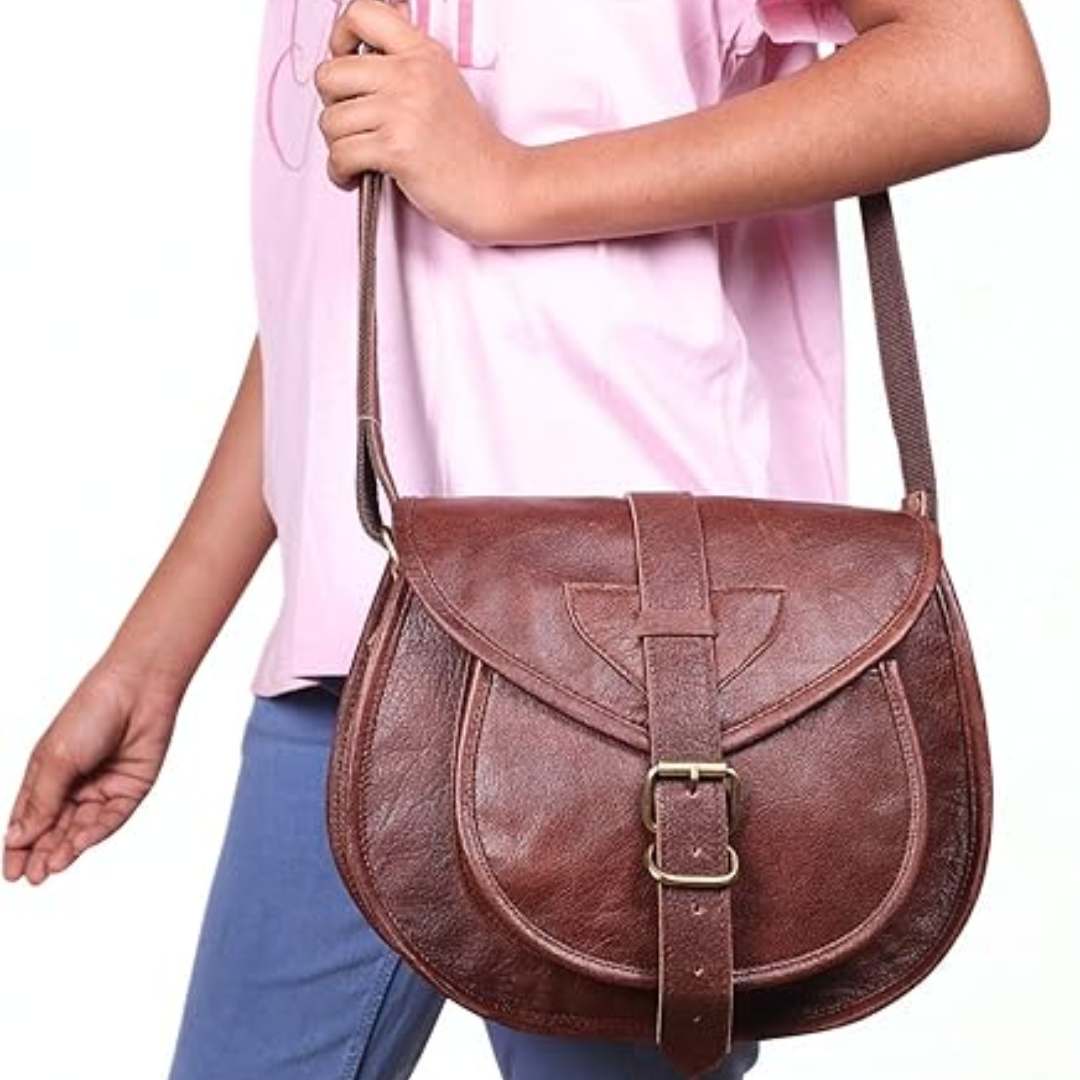 Coffee Brown Leather Bucket Crossbody Bag