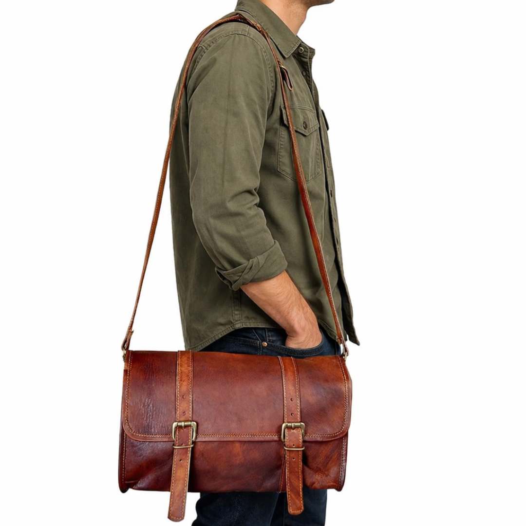 Leather Motorcycle Saddle Bag with Shoulder Strap