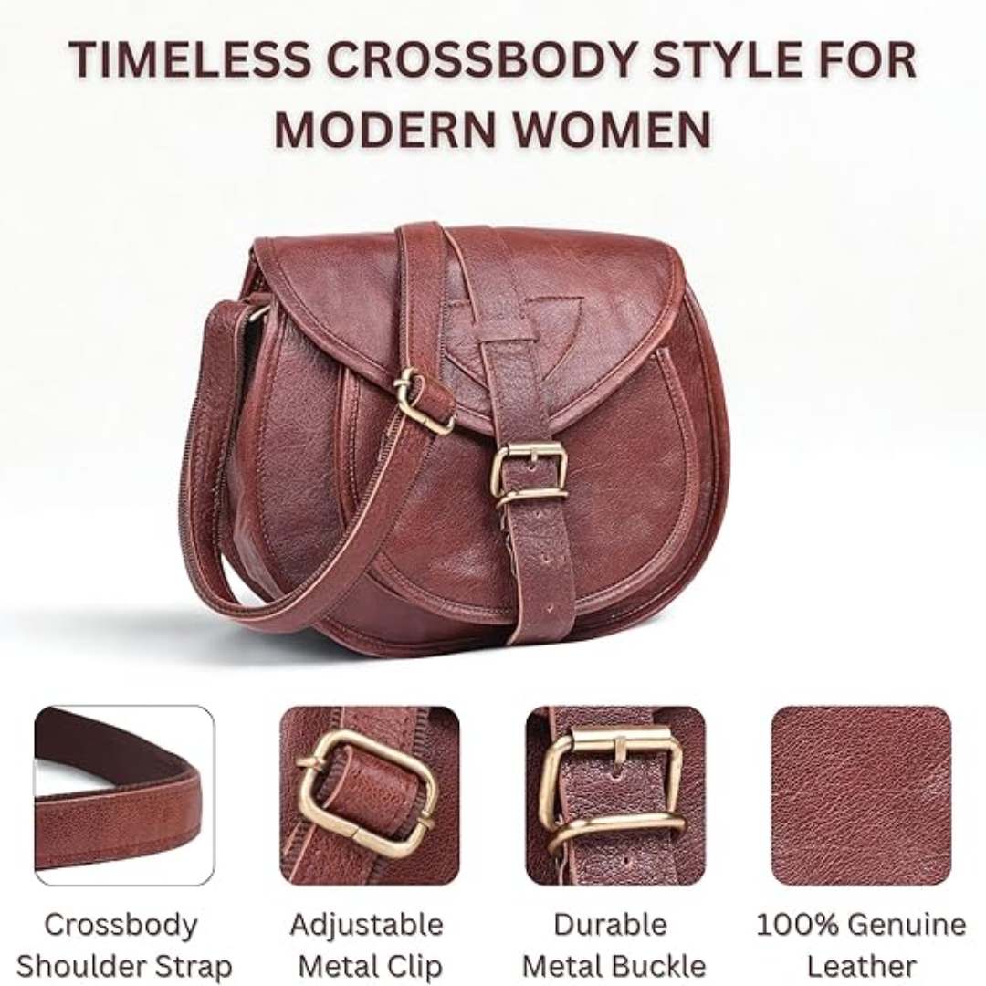 Coffee Brown Leather Bucket Crossbody Bag