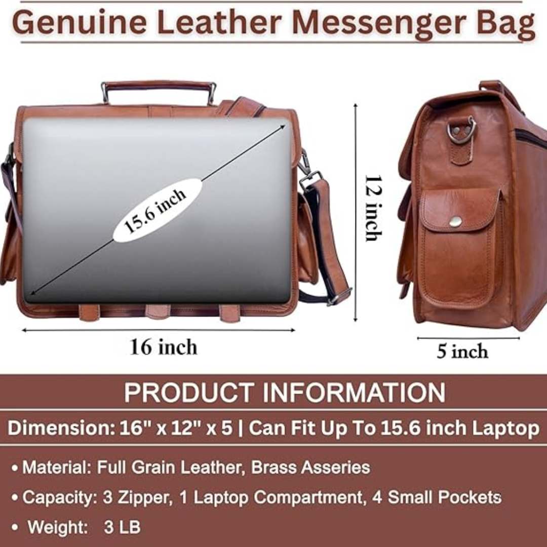 Handmade Brown Leather Laptop Messenger Bag
