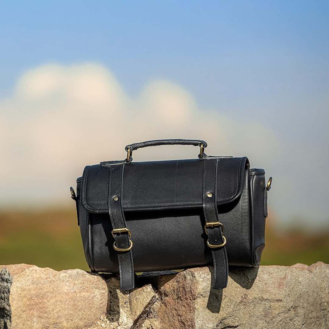 Black Leather Motorcycle Handlebar Bag