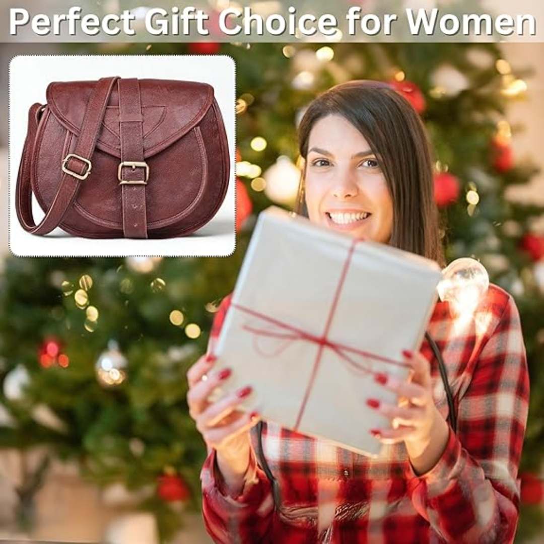 Coffee Brown Leather Bucket Crossbody Bag